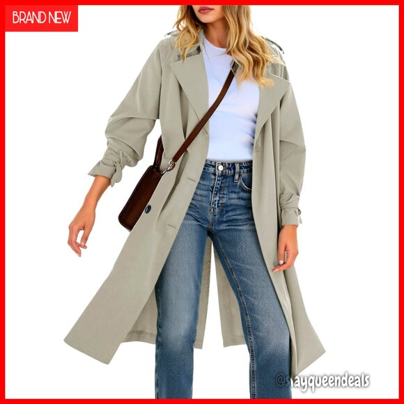 Long Trench Coat Double Breasted Notch Lapel Lightweight Oversized Windproof